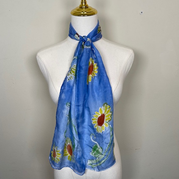 Vintage Hand Painted Silk Neck Hair Purse Scarf Blue Sunflower Floral Boho Artsy - Picture 3 of 6